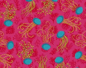 Jellyfish fabric by half yard, ocean cotton, jelly fish quilting cotton, pink ocean quilting fabric, Free spirit ocean life sewing fabric