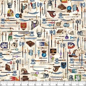 May include: A repeating pattern featuring fantasy illustrations such as swords, axes, helmets, shields, books, and potion bottles. The colour scheme is mainly beige, blue, brown, and gold, giving a vintage feel. Suitable for fabric or wallpaper.