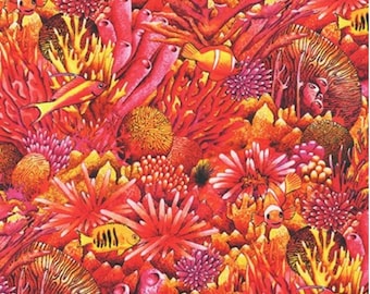 Bright coral reef fabric by half yard, ocean fabric, printed quilting cotton, sea quilting fabric, coral reef sewing fabric, aquarium cotton