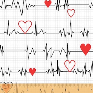 Medical fabric by half yard, nurse fabric, printed quilting cotton, paramedic quilting fabric, doctor sewing fabric, ECG, Heart Beat fabric
