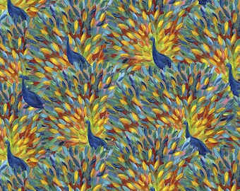 Tissu d’oiseau par demi-cour, coton paon, coton matelassé oiseau bleu, tissu matelassé paon bleu, tissu à coudre esprit libre, Peacock Party