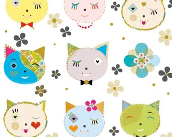 Cat fabric by half yard, white cat printed quilting cotton, cats quilting fabric, cat sewing fabric, cat head cotton fabric, kids fabric