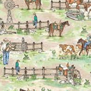 Farm fabric by half yard, western print fabric, horse printed quilting cotton, country quilting fabric, country sewing fabric, cowboy fabric