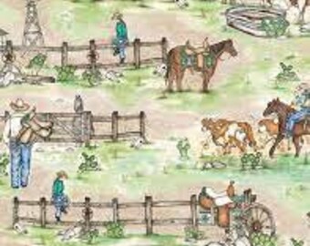 Farm fabric by half yard, western print fabric, horse printed quilting cotton, country quilting fabric, country sewing fabric, cowboy fabric