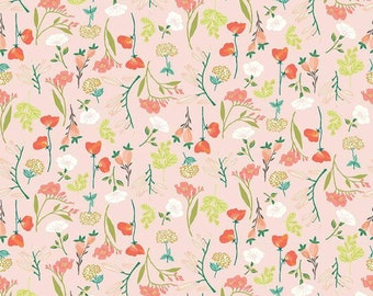 Floral fabric by half yard, bright floral cotton, peach flower quilting cotton, orange flower sewing fabric, garden fabric, blush floral