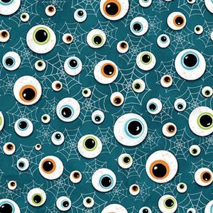 Creepy Eyes fabric by half yard, glow in the dark eyeball quilting cotton, Halloween quilting fabric, spooky sewing fabric, web scary fabric