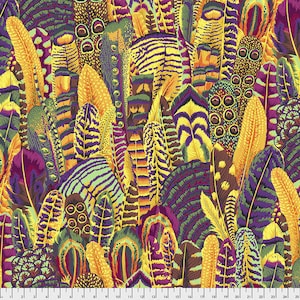 May include: A colorful fabric with a repeating pattern of stylized feathers in shades of purple, yellow, green, and brown.