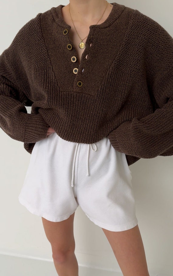 Vintage Unisex Japanese Chêne Cotton Knit Henley … - image 1