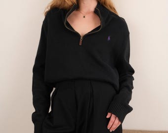 Vintage Obsidian Ralph Lauren Baumwoll Viertel-Zip Langarm Pullover
