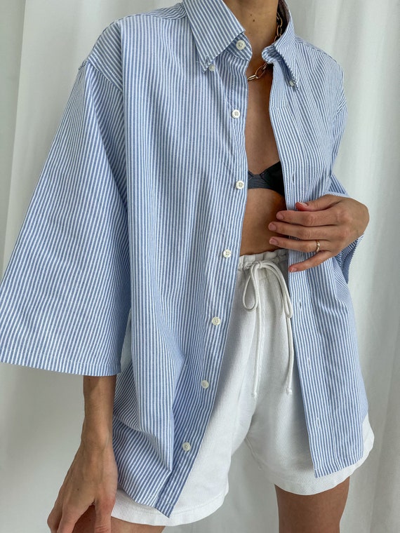 Vintage Sky Blue Striped Cropped Button Down