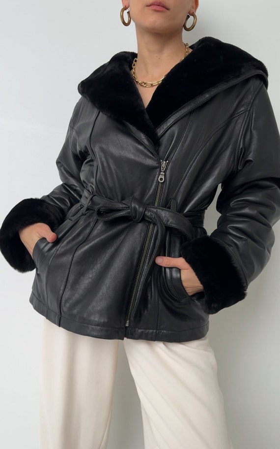 Vintage Obsidienne Leather and Faux Fur Hooded Ja… - image 1