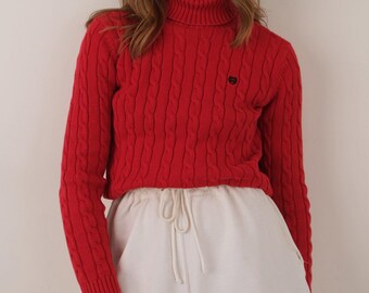 Vintage Erdbeer Baumwolle Zopfmuster Rollkragenpullover
