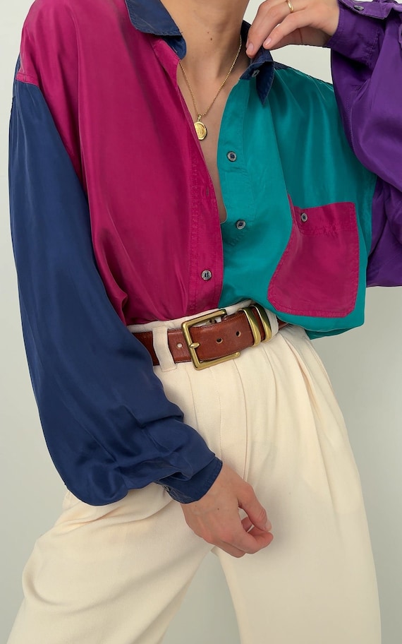 Vintage Unisex Color-Block Silk Long Sleeve Shirt