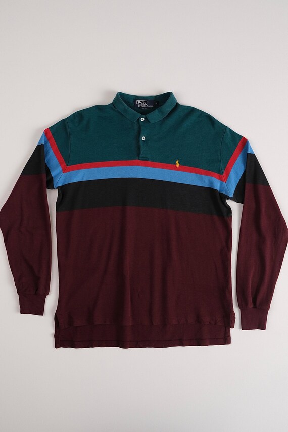 Vintage 90s Mulberry and Teal Ralph Lauren Cotton Long Sleeve Rugby Shirt