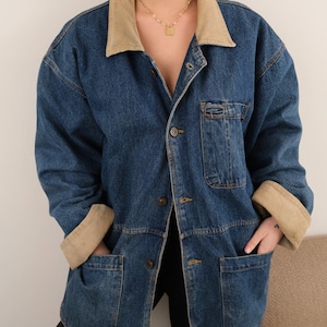 Vintage 90s Medium Wash Denim Corduroy Collar Button Up Chore Jacket
