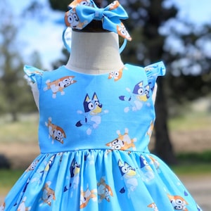 Blue dog dress for girls, blue dog dress for baby, dog dress for girls, dog dress on blue for girls, handmade blue dog dress for girls