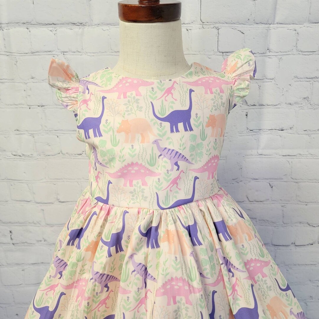 Dinosaur Dress for Girls, Girly Dinosaur Dress, Pastel Dinosaur Dress