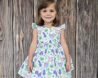 Dinosaur dress for girls, girly dinosaur dress, Dinosaur party dress, dinosaur themed party dress, twirl dress girls