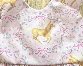 Pink Pony Party Dress, Horseshoes, Ribbons, Handmade Cotton