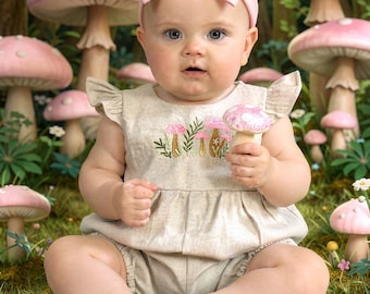 Linen Baby Bubble Romper, Mushroom Embroidery, Organic Easter Outfit