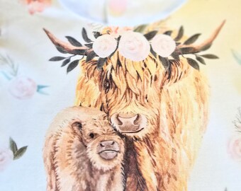 Handmade Highland Cow Baby Romper, Floral Bodice