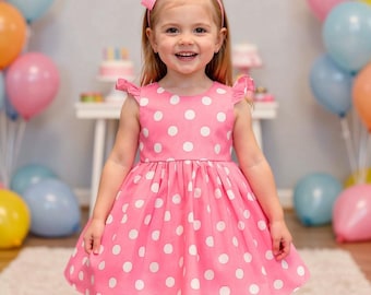 Stippenjurk meisjes, roze stippenjurk cadeau, roze stippenjurk, witte stippen op rood, barbie-jurk, minnie mouse-jurk geïnspireerd