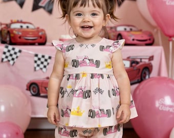 Race car dress, race car birthday dress, 2 fast 2 curious dress, racecar birthday, pink race car themed party, Fast One birthday party dress