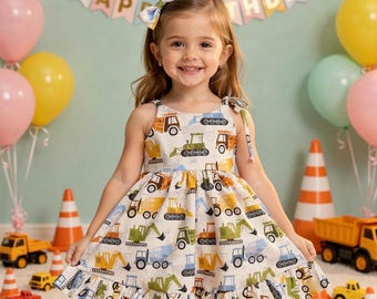 Construction trucks dress for girls, construction outfit girly, dump truck dress, bulldozer dress, construction site dress girly