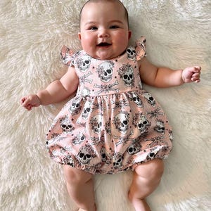 Baby goth bubble romper,newborn gift,gift for newborn girl, sugar skulls bubble romper,bubble romper girls,whimsy goth romper,skulls romper