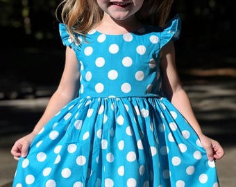 Teal Polka Dot Girls Dress, Handmade Cotton Twirl Skirt