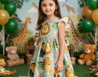 Sukienka safari dla dziecka, sukienka safari dla malucha, sukienka zoo, sukienka ze zwierzętami z zoo, sukienka żyrafa, sukienka w stylu safari, sukienka dżungli dla dziecka