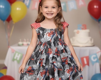 Spiderman Dress, Polka Dot Strappy Sleeves, Superhero Birthday Outfit