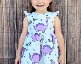 Dinosaur dress for girls, big sister little sister outfits, little sister outfit, big sister dress, sibling outfits, big sis dinosaur dress