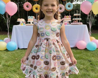 Donut dress, DoNut Grow up dress, baby first birthday dress, smash cake dress, pastry dress for girls, dress with donuts, donut themed dress