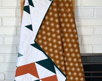 Handmade Modern Throw Quilt: Geometric Design, Organic Cotton Batting (49x80)