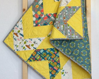 Modern Baby Quilt: Travel Theme, Teal Yellow Grey Nursery Blanket