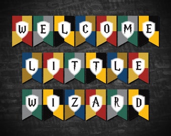 Welcome Little Wizard Printable Baby Shower Banner, 5.5" x 8.5" Pendants, Gender Reveal Magical Baby Shower Bunting, Instant Download