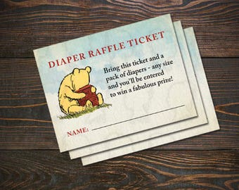 Biglietti della lotteria per pannolini classici Winnie the Pooh stampabili 3" x 4", Winnie the Pooh Baby Shower Biglietti della lotteria per pannolini, Download istantaneo