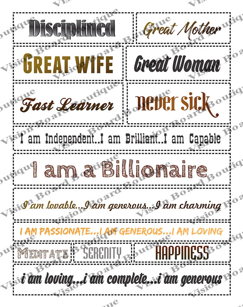 Vision Board Word Sheet Cut outs Quote Printable sheets Etsy