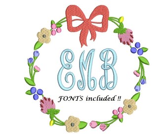Empress Monogram Embroidery Font - also included the Floral Wreath Embroidery Design - instant download