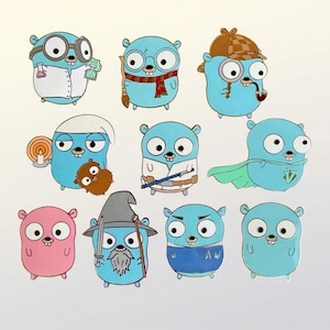 May include: A series of cartoon illustrations of a blue creature with large eyes, each wearing a different costume. The costumes include a scientist, a detective, a wizard, and a superhero. The illustrations are set against a white background.