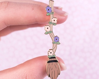 Enchanted Broom Enamel Pin – Gold Plated Floral Witchy Accessory
