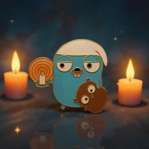 Könnte beinhalten: Ein blau-weißer Emaille-Pin mit einer Cartoonfigur, die eine Kerze und eine kleinere braune Figur hält. Der Pin hat goldene Akzente und ist vor einem dunkelblauen Hintergrund mit zwei brennenden Kerzen platziert.