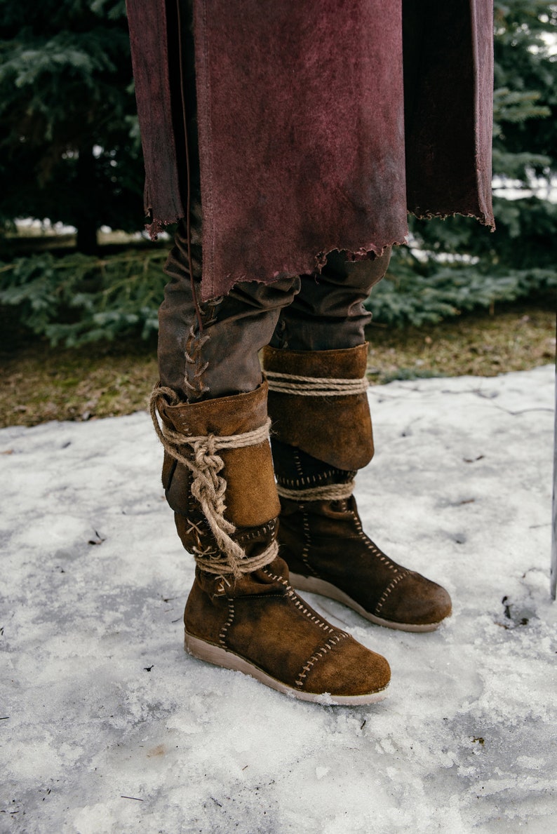 Medieval leather knee-high boots with ties ren faire handmade | Etsy