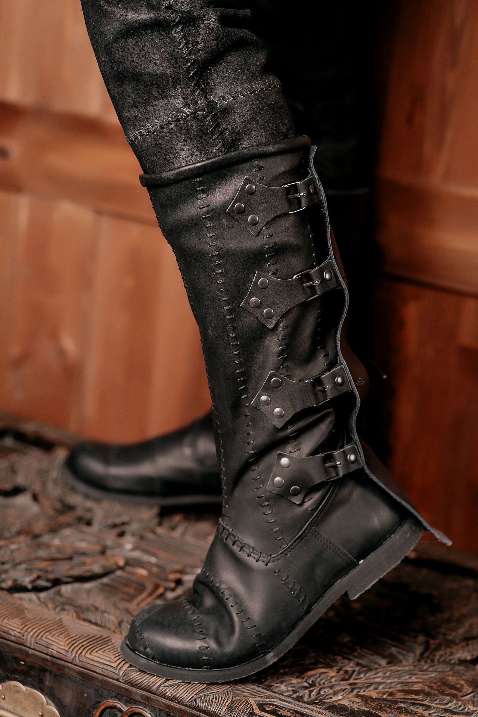 Black leather high boots with buckles men's ren faire Etsy