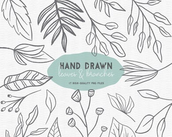 May include: A set of 17 hand-drawn leaves and branches in black and white. The illustrations are simple and elegant, perfect for adding a touch of nature to your designs.