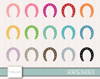 May include: A set of 15 colorful horseshoe illustrations with a white outline and a stitched effect. The horseshoes are arranged in three rows of five. The colors include pink, red, orange, yellow, green, blue, purple, gray, brown, and black.