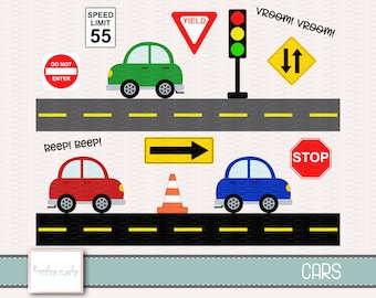 Cars and Road Signs Clipart Set – Traffic Illustrations (Digital Images)