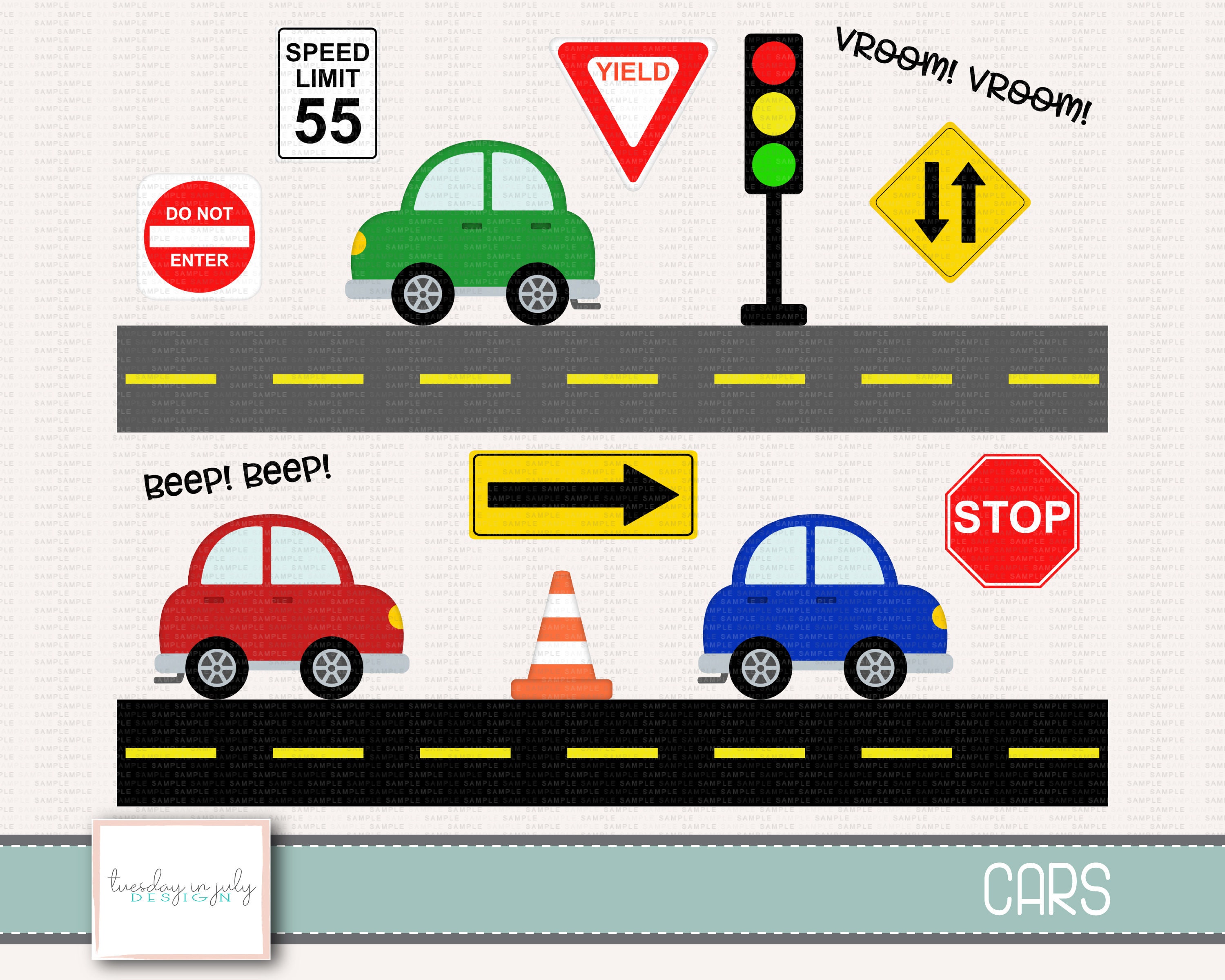 Carsroad Signscute Cars With Road Signstraffic Clipart Use,instant Download