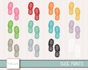May include: Set of 10 different colored shoe prints, each print is a pair of footprints. The colors are pink, red, green, turquoise, purple, gray, black, white, orange and yellow.